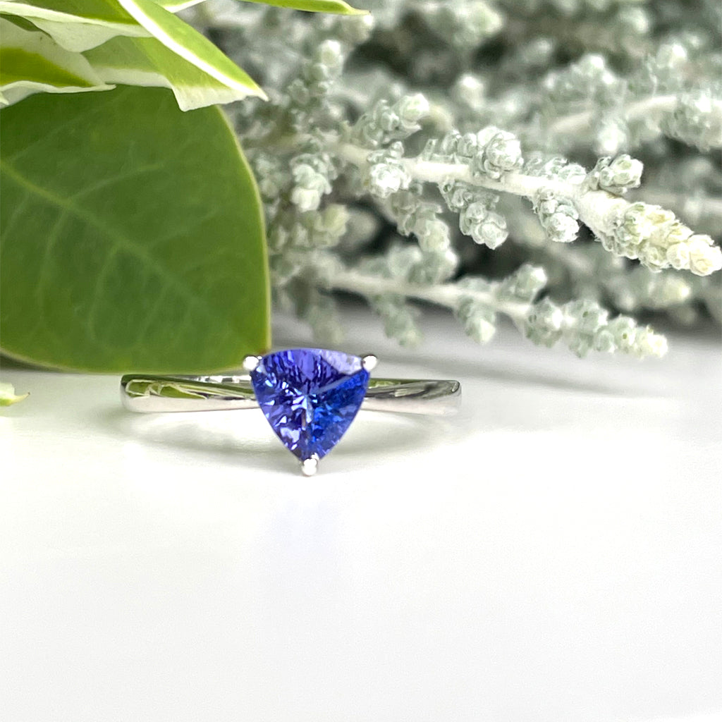 Silver Solitaire Trilliant Cut Tanzanite Ring