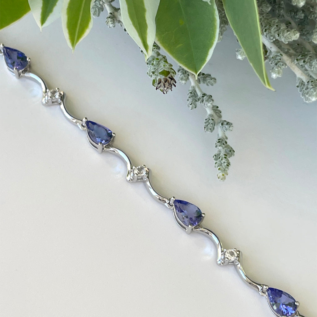 Silver Double Wave Pear Cut Tanzanite and Silver Topaz Bracelet