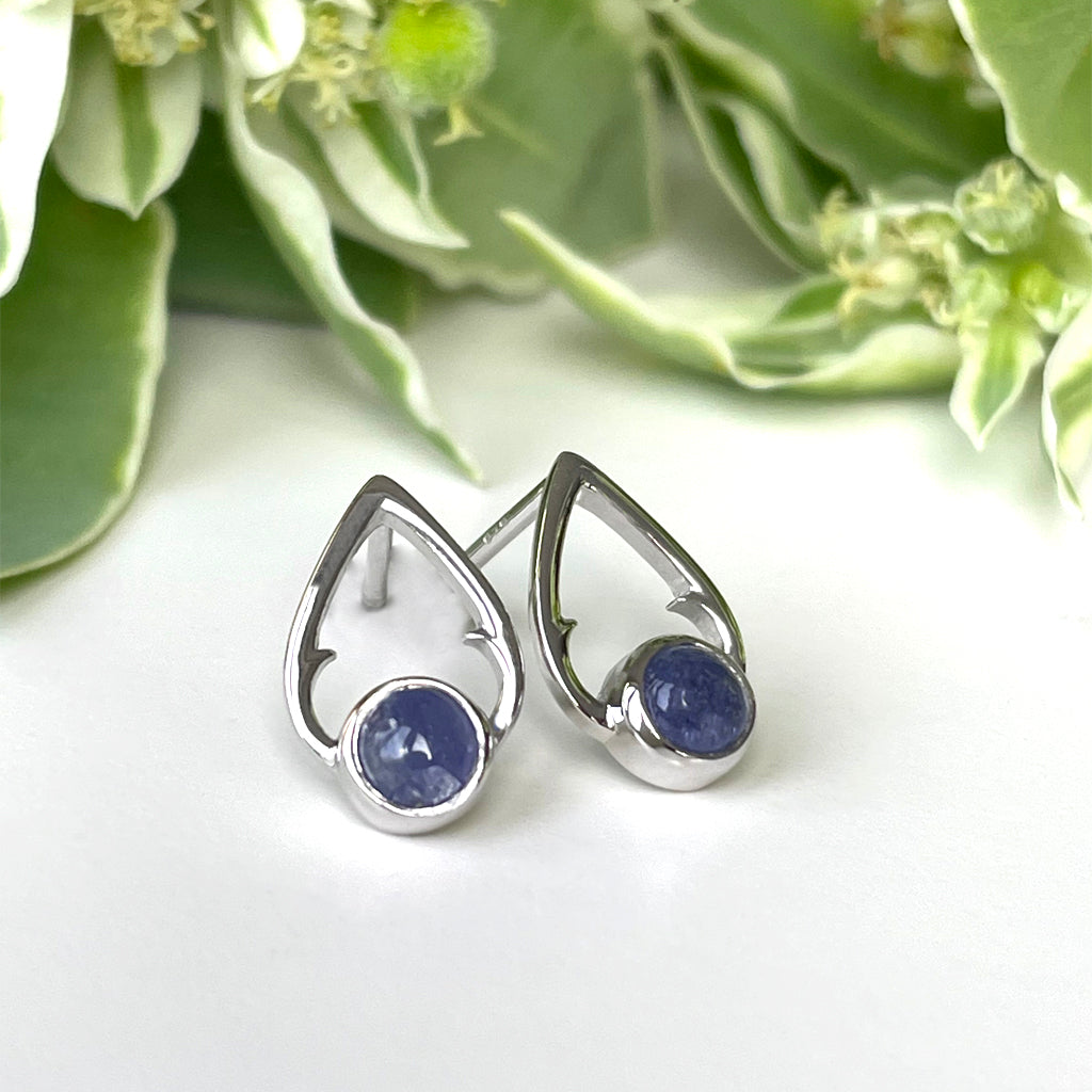 Silver Round Cabochon Cut Tanzanite with Silver Pear Outline Earrings