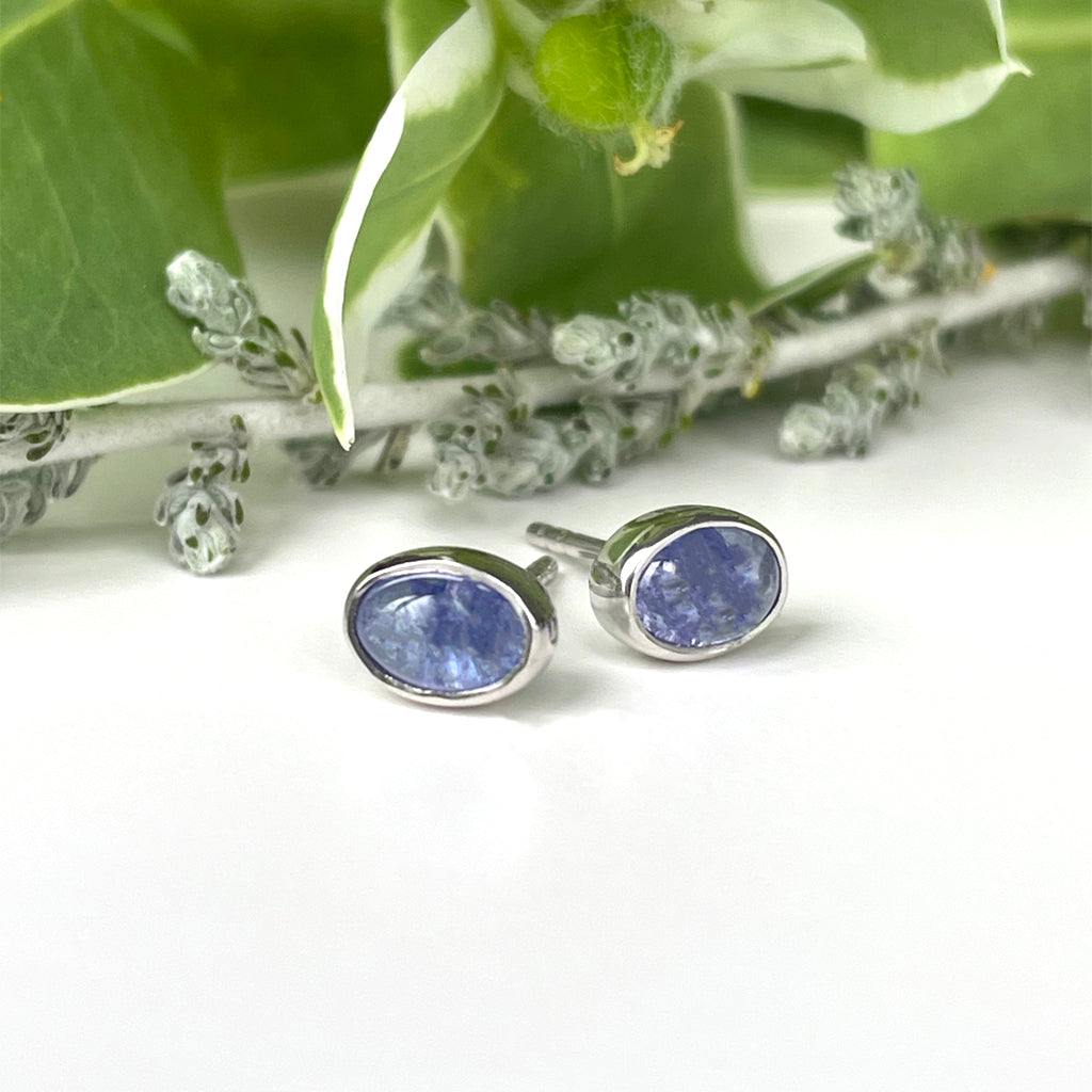 Silver Oval Cabochon Cut Tanzanite Studs