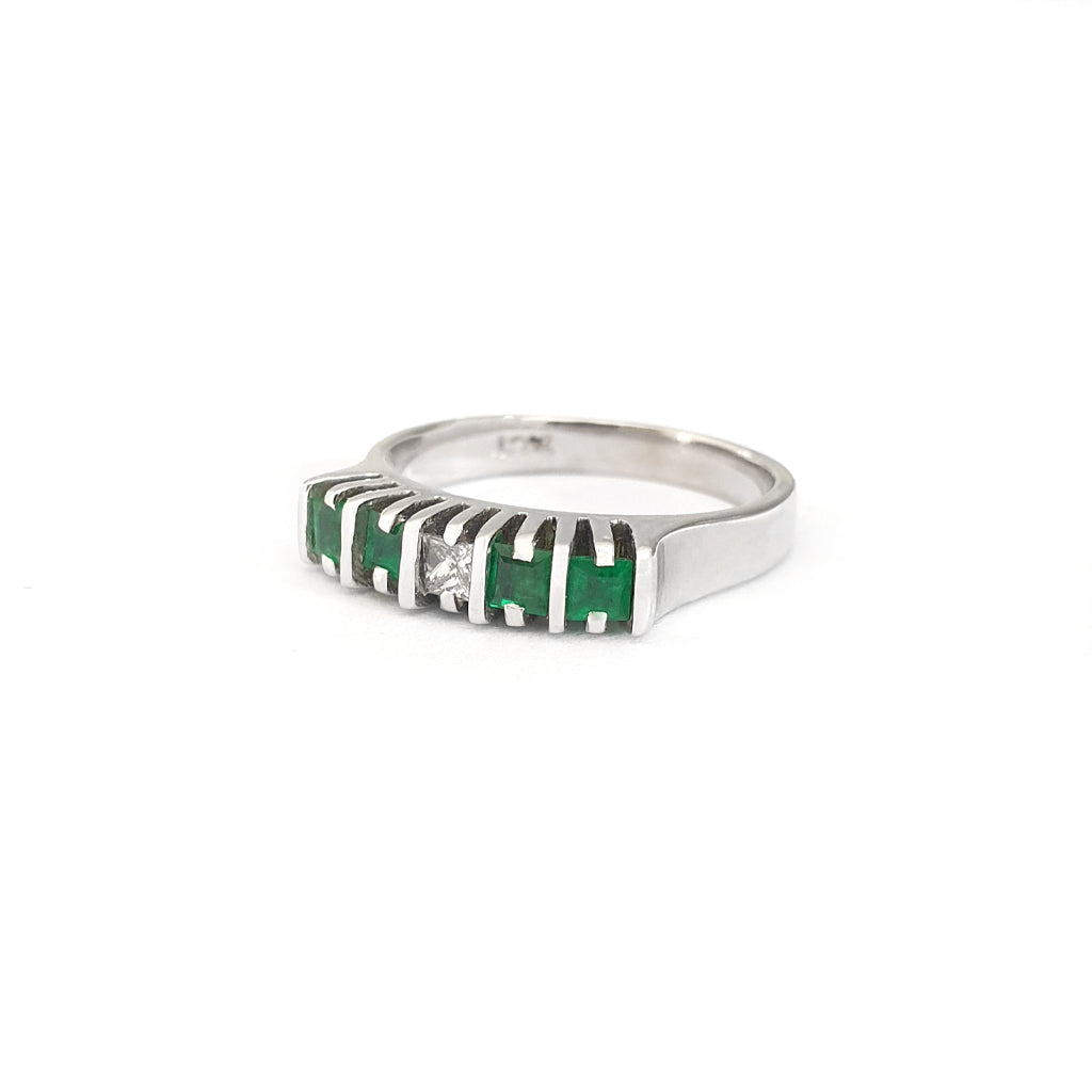 Geometric White Gold Bar Four Emerald, White Diamond Ring