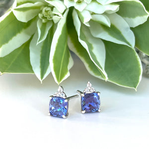 Silver Cushion Cut Tanzanite with Trilogy Silver Topaz Highlight Earrings