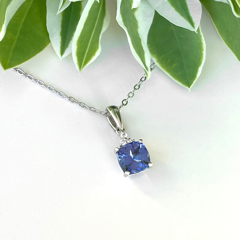 Silver Cushion Cut Tanzanite with Trilogy Silver Topaz Highlight Pendant