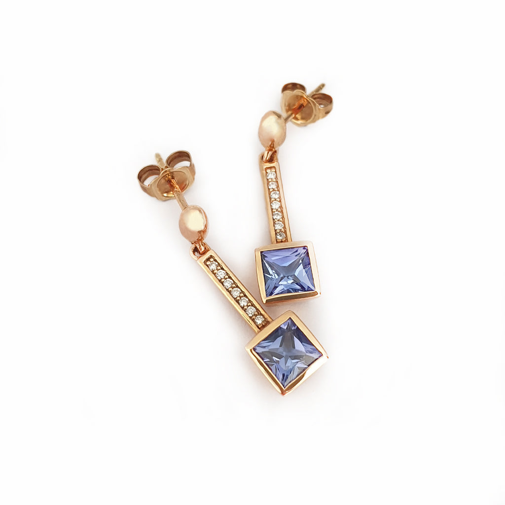 Art Deco Inspired Square Tanzanite and Diamond Rose Gold Drop Earrings