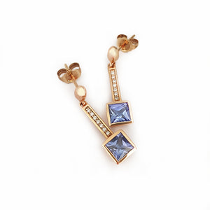 Art Deco Inspired Square Tanzanite and Diamond Rose Gold Drop Earrings