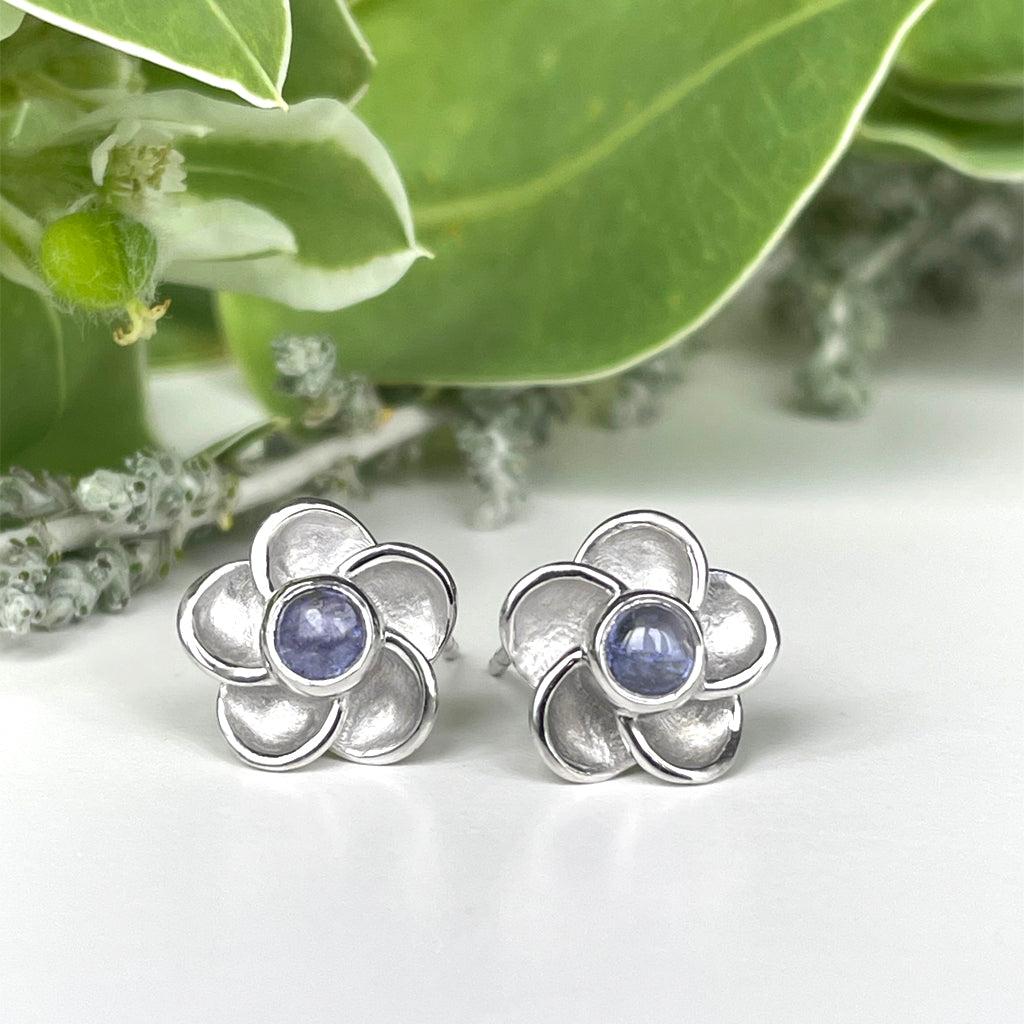 Silver Floral Round Cabochon Cut Tanzanite Earrings