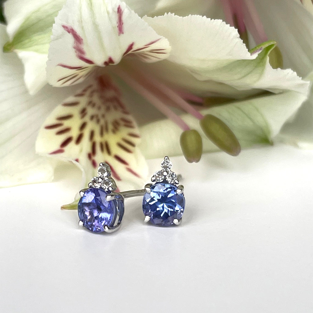 Silver Petite Round Cut Tanzanite with Trilogy Diamond Highlight Earrings