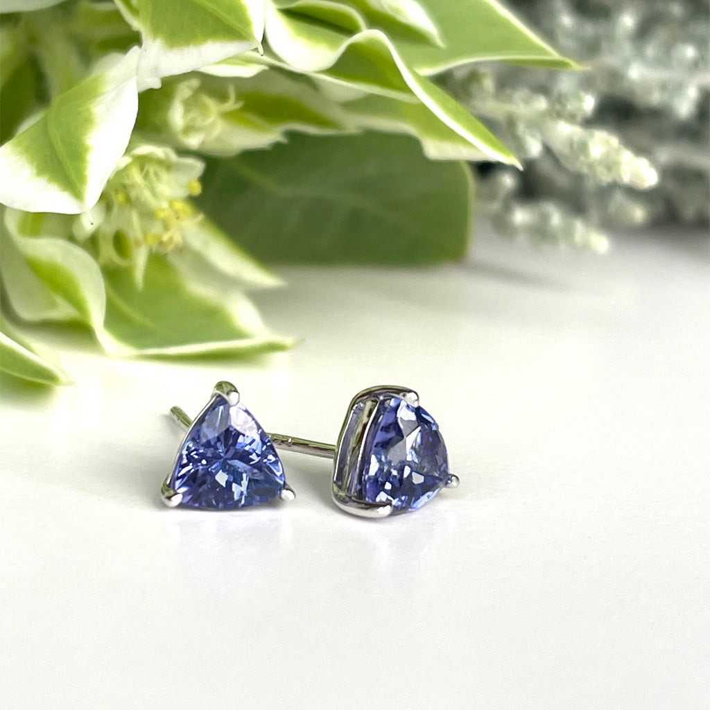 Silver Solitaire Trilliant Cut Tanzanite Earrings