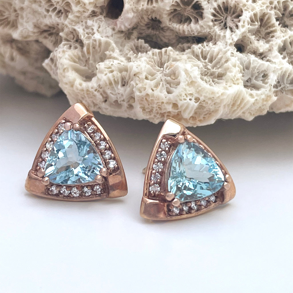 Standout Trilliant Rose Gold Aquamarine and Diamond Highlight Stud Earrings