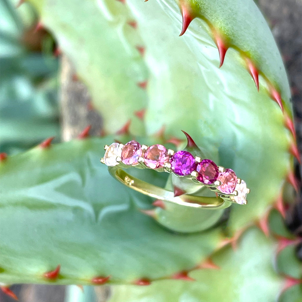 Blushing Pinks and Purple Yellow Gold Ring