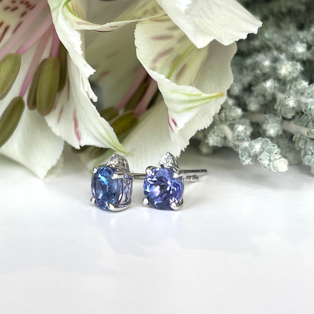 Silver Petite Round Cut Tanzanite with single Diamond Earrings