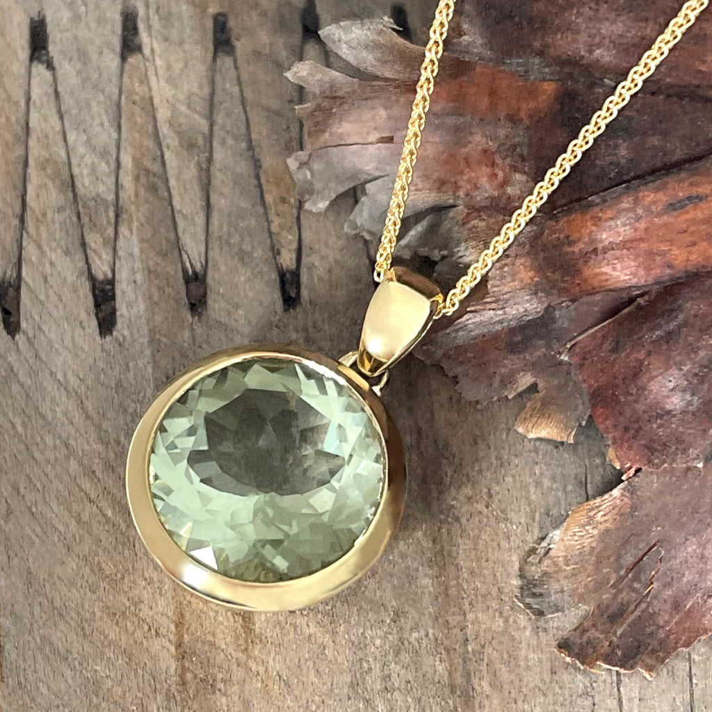 Statement Round Cut Green Amethyst Yellow Gold Pendant