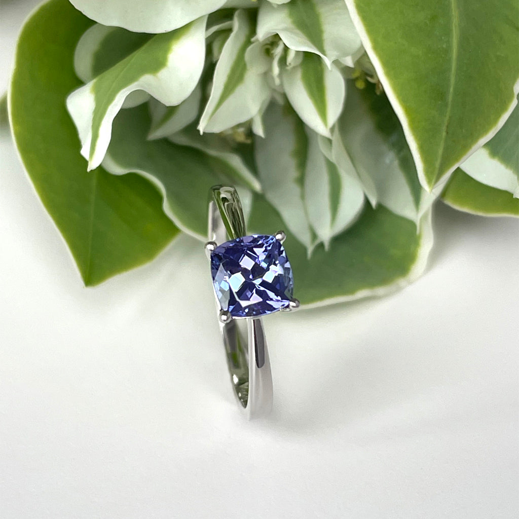 Silver Solitaire Cushion Cut Tanzanite Ring