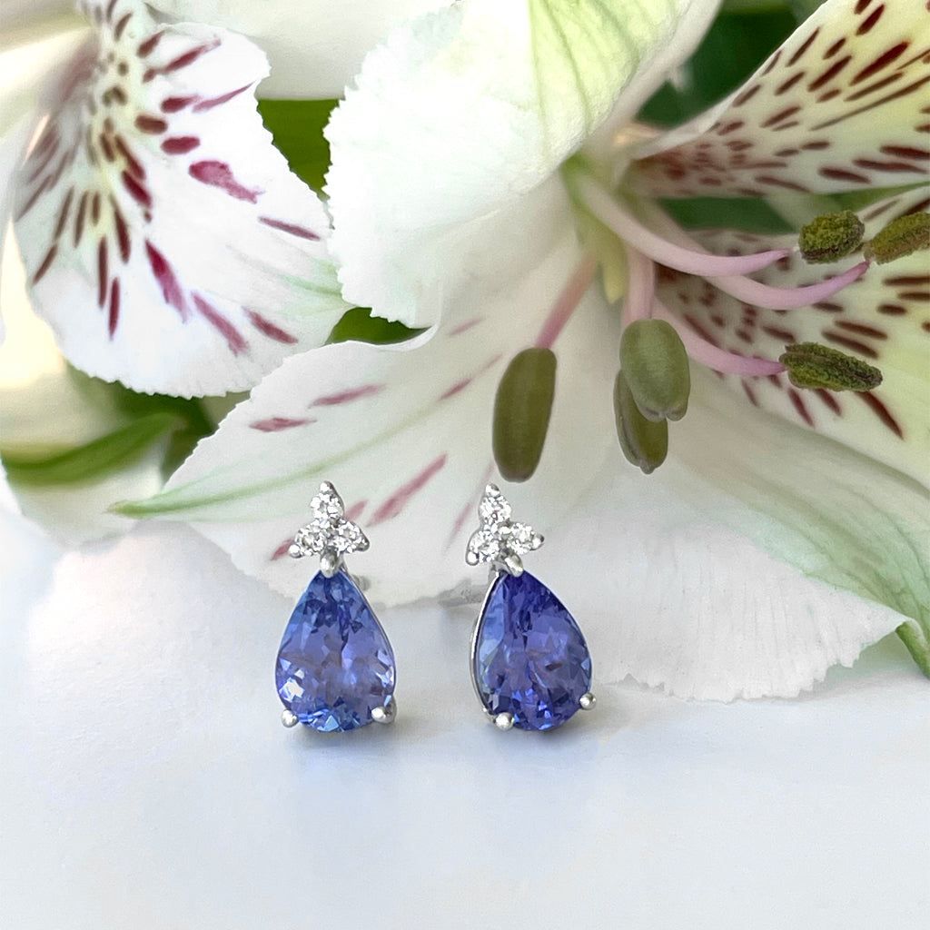 Silver Pear Cut Tanzanite with Trilogy Silver Topaz Highlight Earrings