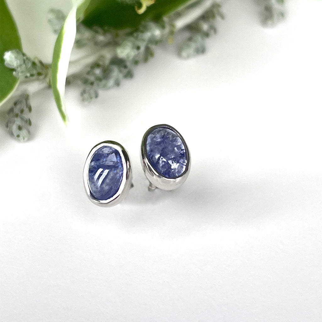 Silver Oval Cabochon Cut Tanzanite Studs