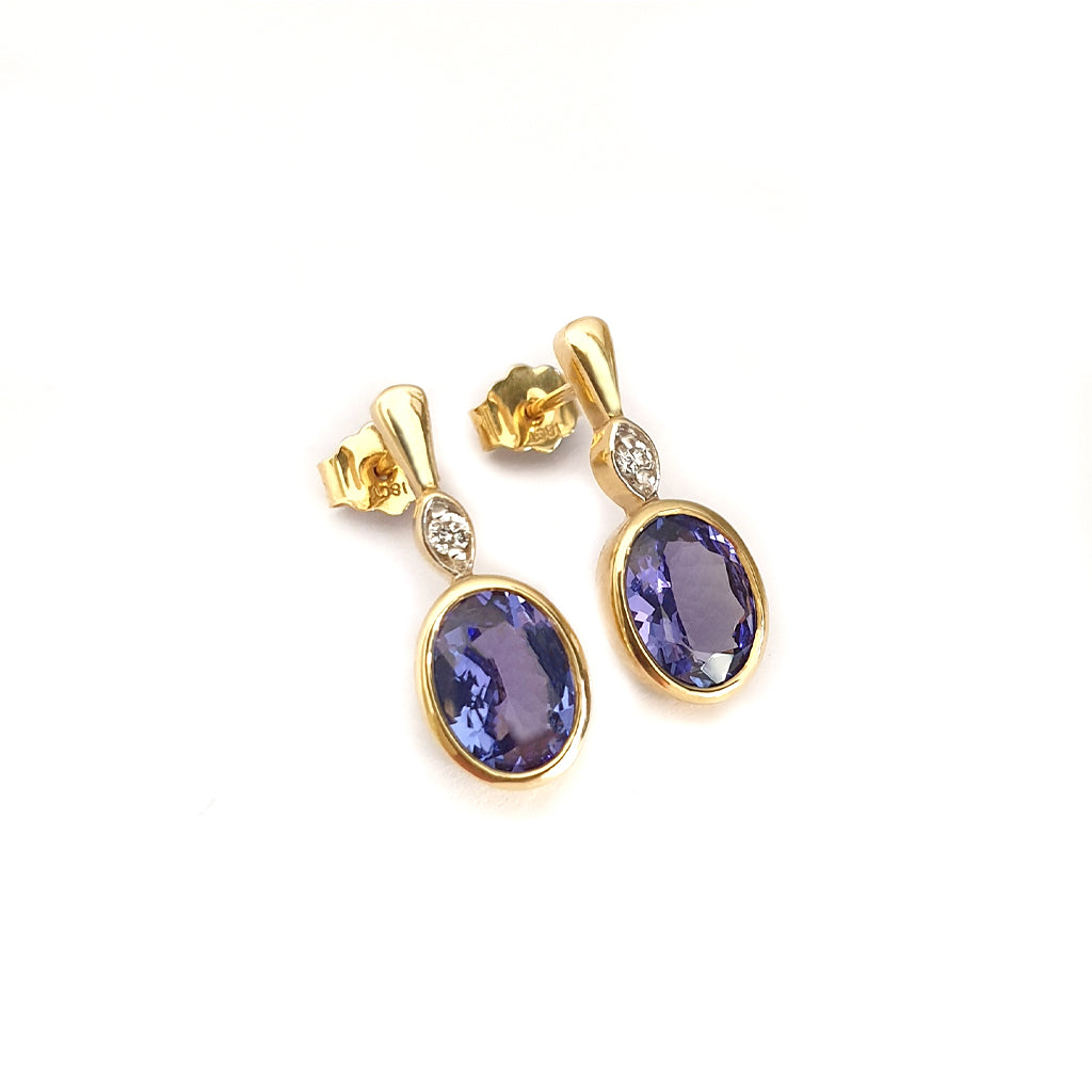 Oval Bezel Set Tanzanite Drop Earrings with Diamond accent