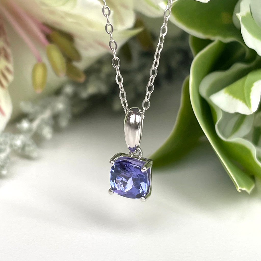 Silver Solitaire Cushion Cut Tanzanite Pendant