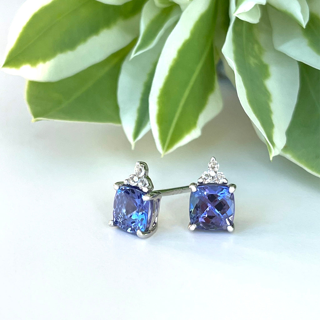 Silver Cushion Cut Tanzanite with Trilogy Silver Topaz Highlight Earrings