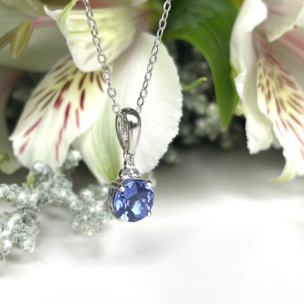 Silver Round Cut Tanzanite with Trilogy Diamond Highlight Pendant