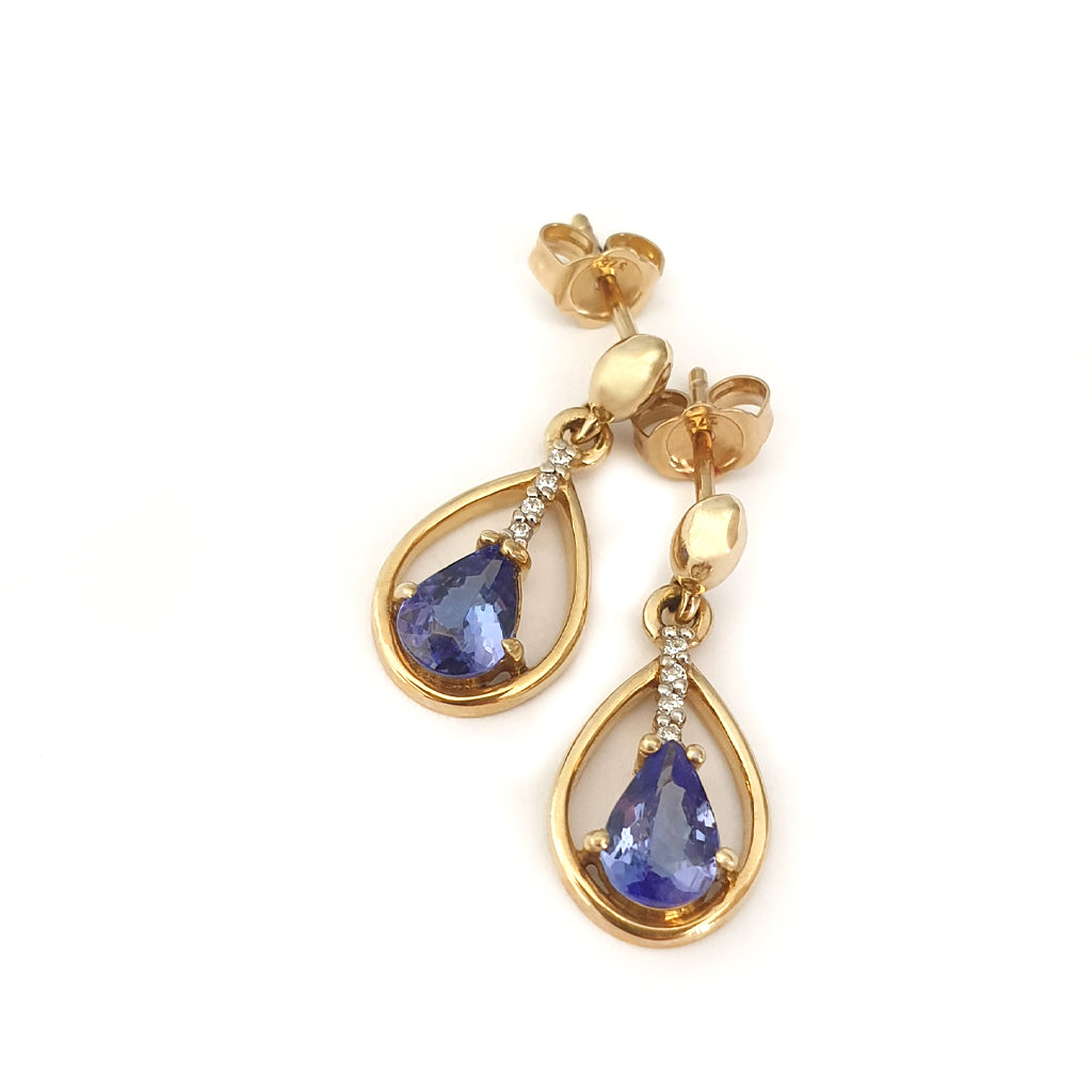 Yellow Gold Pear Cut Tanzanite Earrings with Diamond Strip Highlight