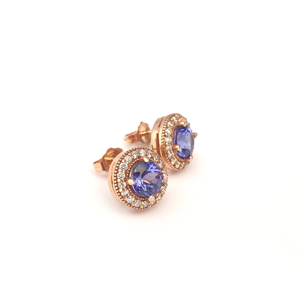 Glam Diamond Halo Round Cut Tanzanite Rose Gold Studs