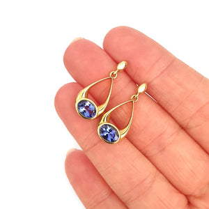 Oval Hooped Droplet Shaped Tanzanite Yellow Gold Earrings