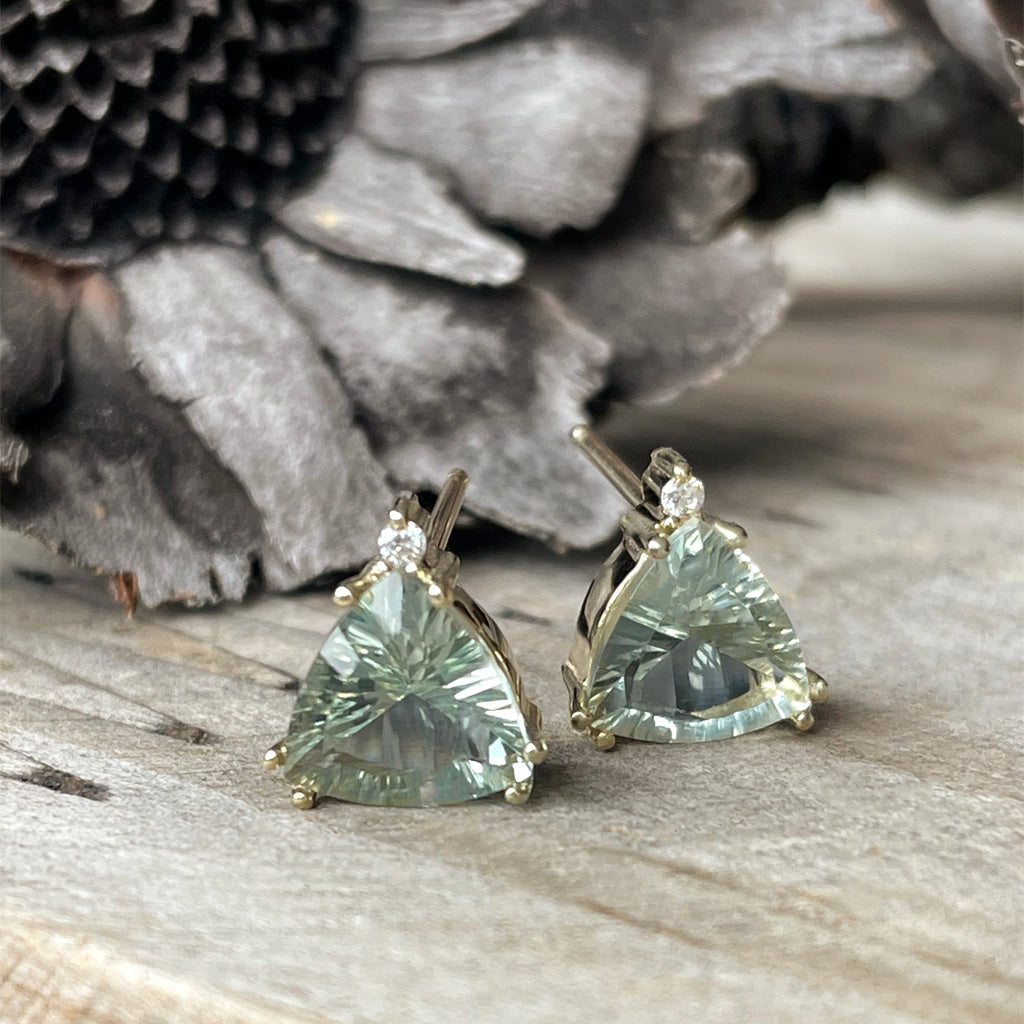 Stunning Trilliant Green Amethyst, Diamond Yellow Gold Studs