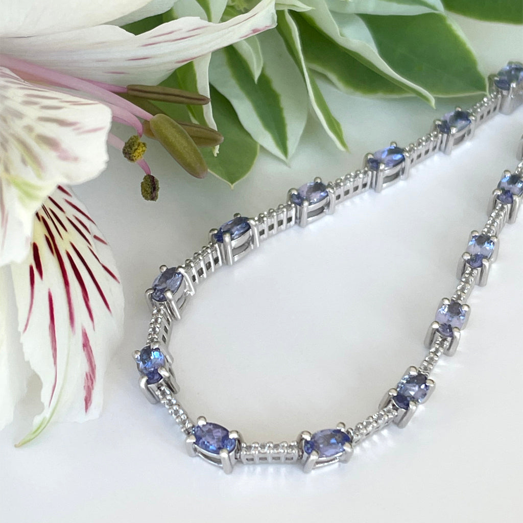 Silver Oval Cut Tanzanite and Silver Topaz Bar Highlight Bracelet