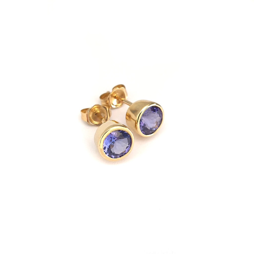 Classic Round Cut Tanzanite Yellow Gold Bezel Set Studs