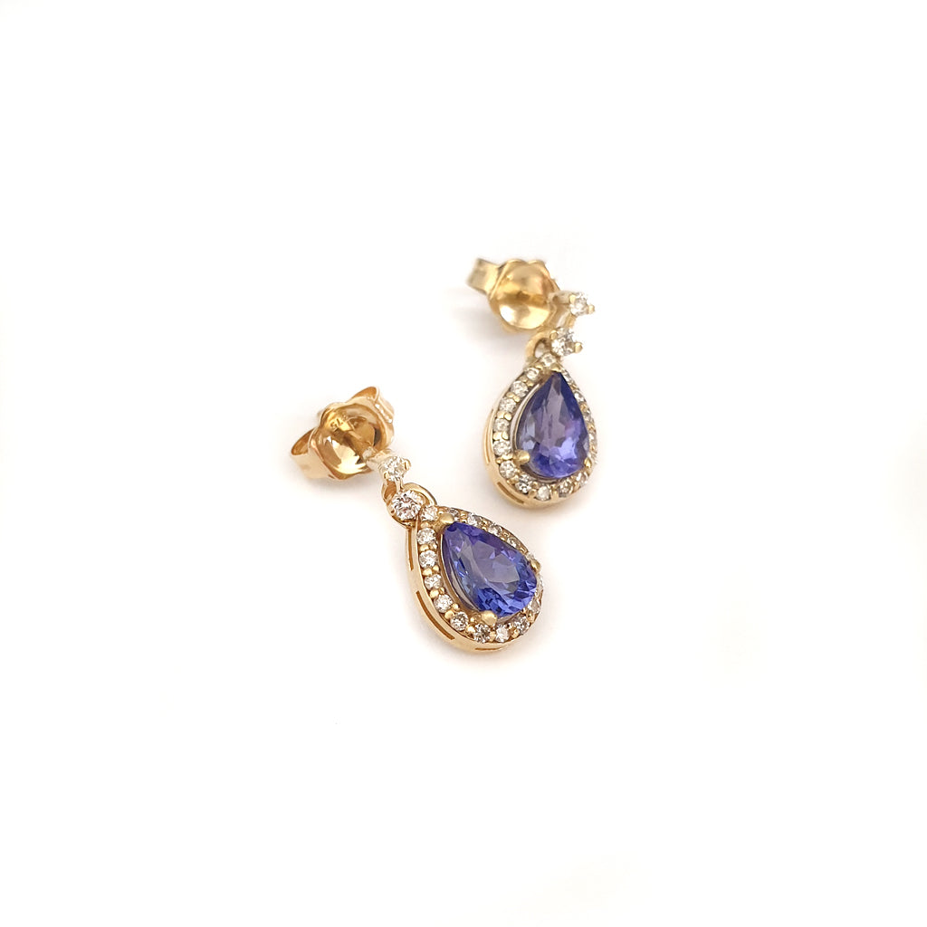 Scintillating Pear Cut Tanzanite and White Diamond Halo and Highlight Drop Earrings