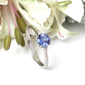 Silver Petite Round Cut Tanzanite with single Diamond Ring