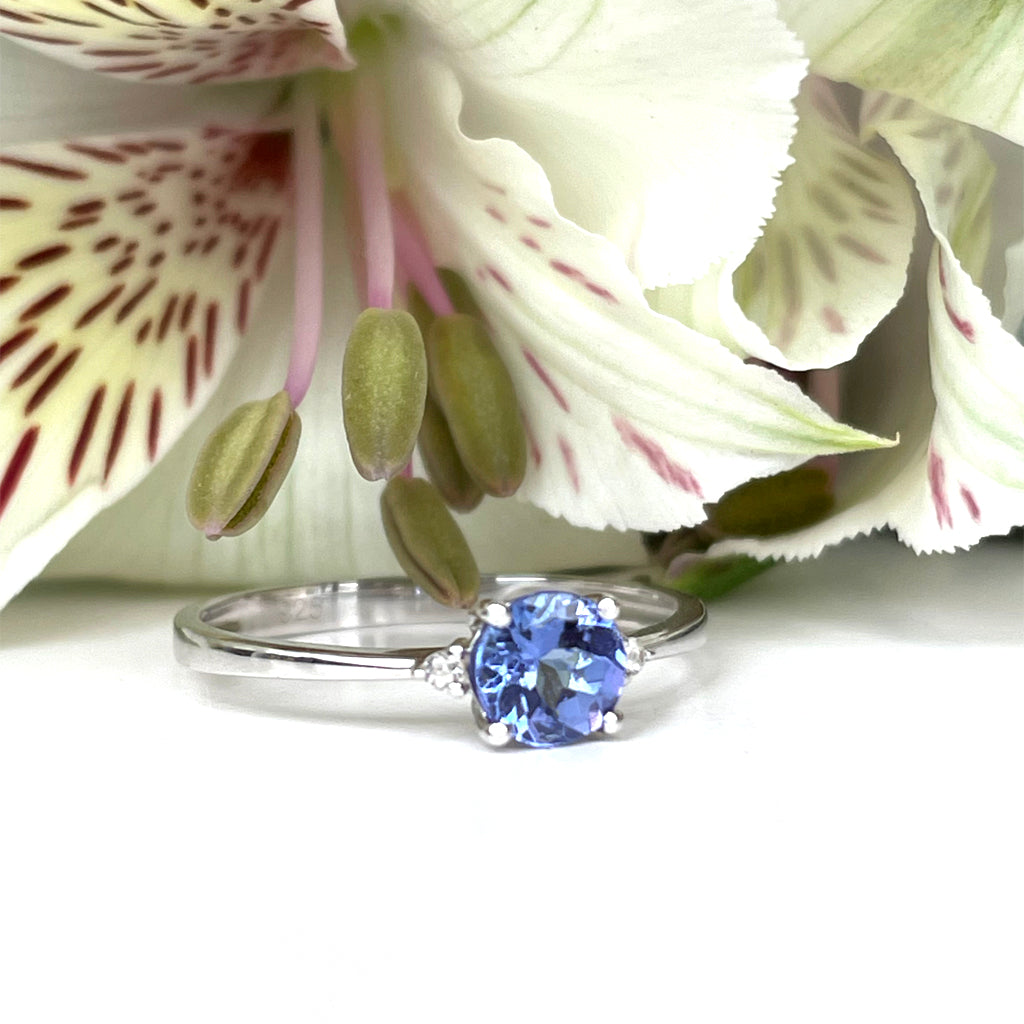 Silver Petite Round Cut Tanzanite with single Diamond Ring