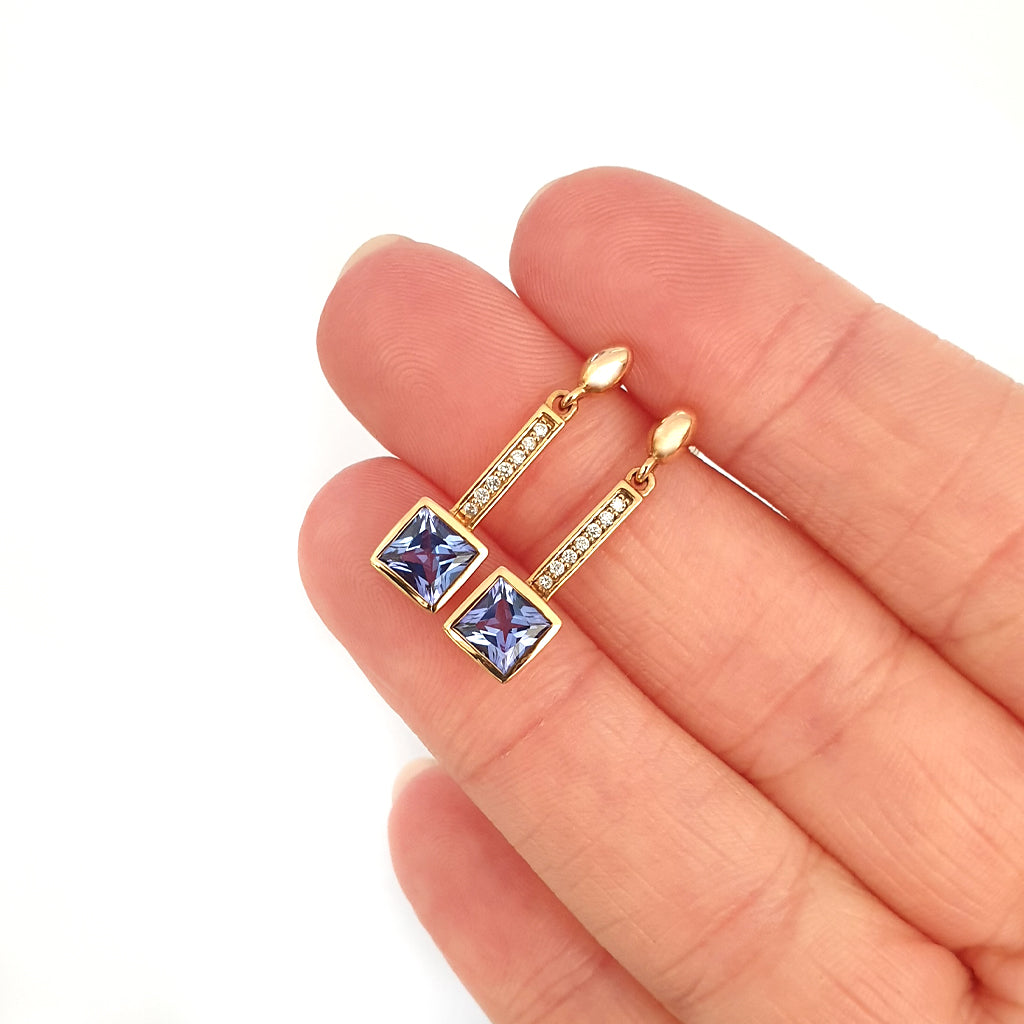 Art Deco Inspired Square Tanzanite and Diamond Rose Gold Drop Earrings