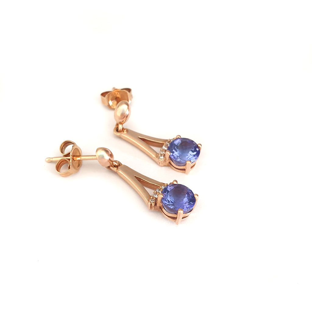 Round Cut Tanzanite and Rose Gold Drop Earrings with Diamond Crown Accent
