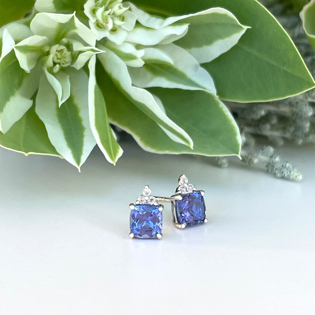 Silver Cushion Cut Tanzanite with Trilogy Silver Topaz Highlight Earrings