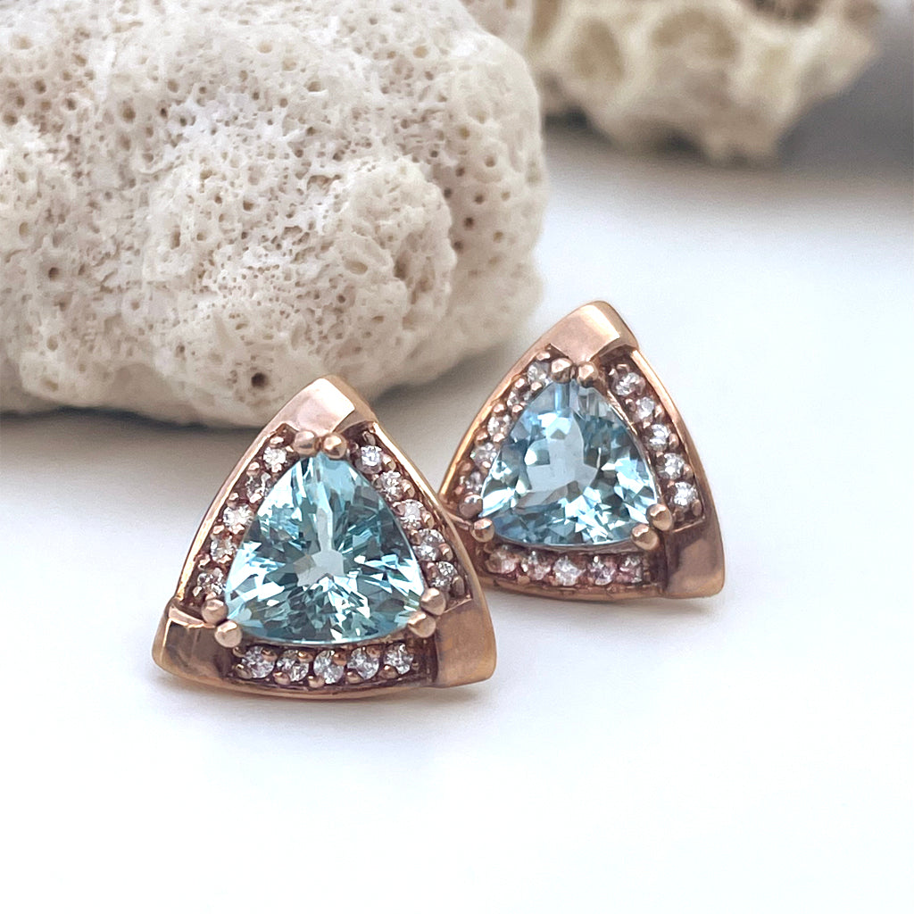 Standout Trilliant Rose Gold Aquamarine and Diamond Highlight Stud Earrings