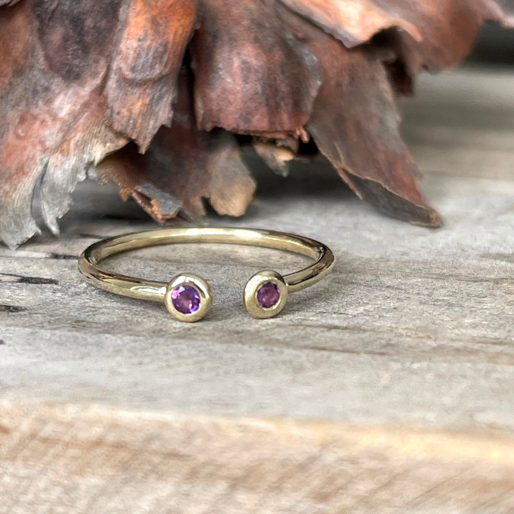 Open Yellow Gold Double Bezel 2mm Amethyst Stacking Ring