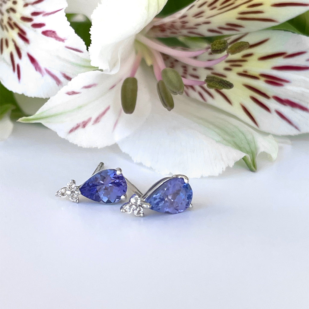 Silver Pear Cut Tanzanite with Trilogy Silver Topaz Highlight Earrings