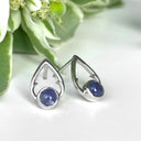 Silver Round Cabochon Cut Tanzanite with Silver Pear Outline Earrings