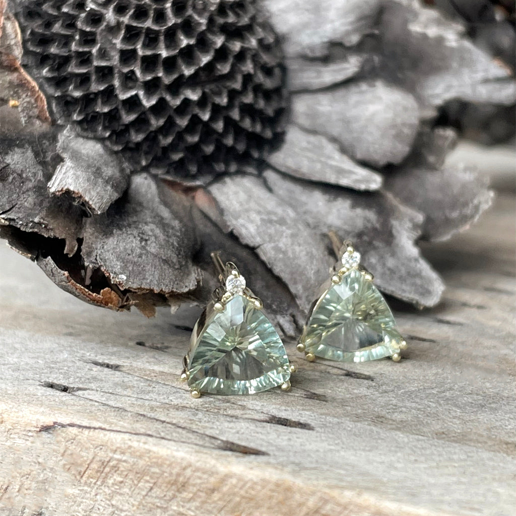 Stunning Trilliant Green Amethyst, Diamond Yellow Gold Studs