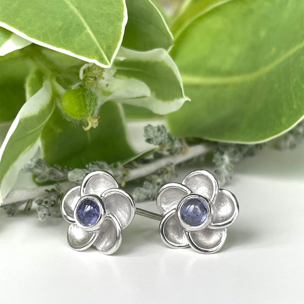 Silver Floral Round Cabochon Cut Tanzanite Earrings