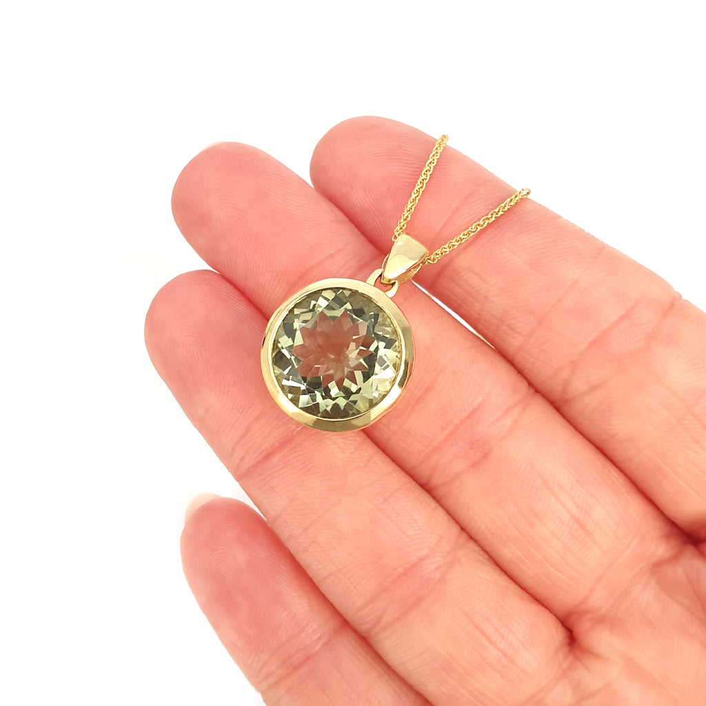 Statement Round Cut Green Amethyst Yellow Gold Pendant