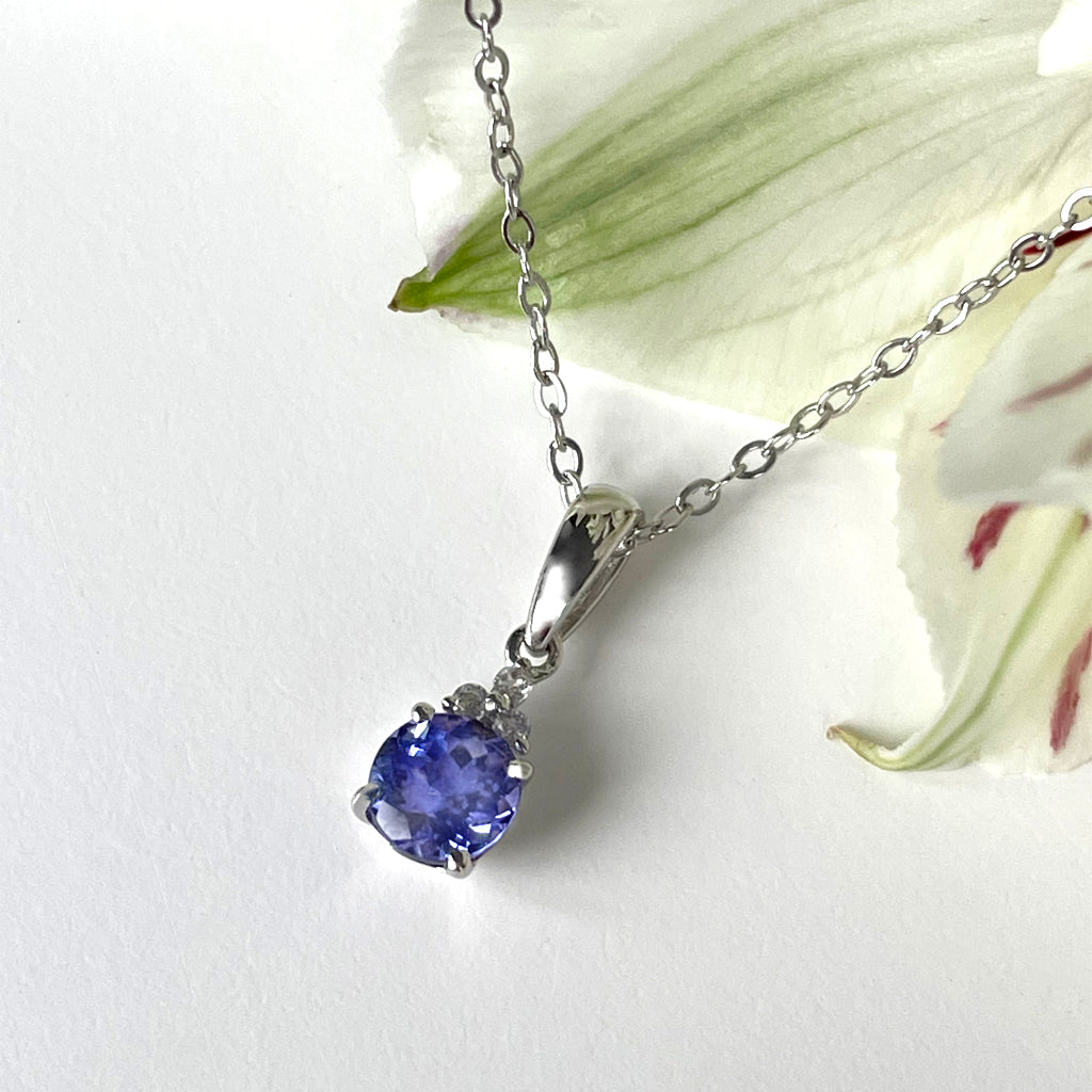 Silver Petite Round Cut Tanzanite with Trilogy Diamond Highlight Pendant