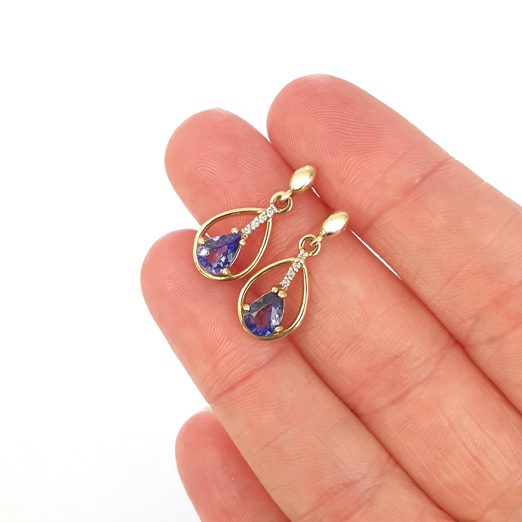 Yellow Gold Pear Cut Tanzanite Earrings with Diamond Strip Highlight