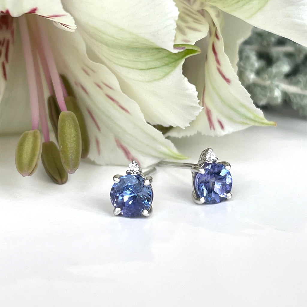 Silver Petite Round Cut Tanzanite with single Diamond Earrings