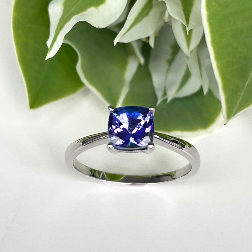 Silver Solitaire Cushion Cut Tanzanite Ring