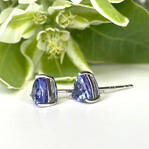 Silver Solitaire Trilliant Cut Tanzanite Earrings