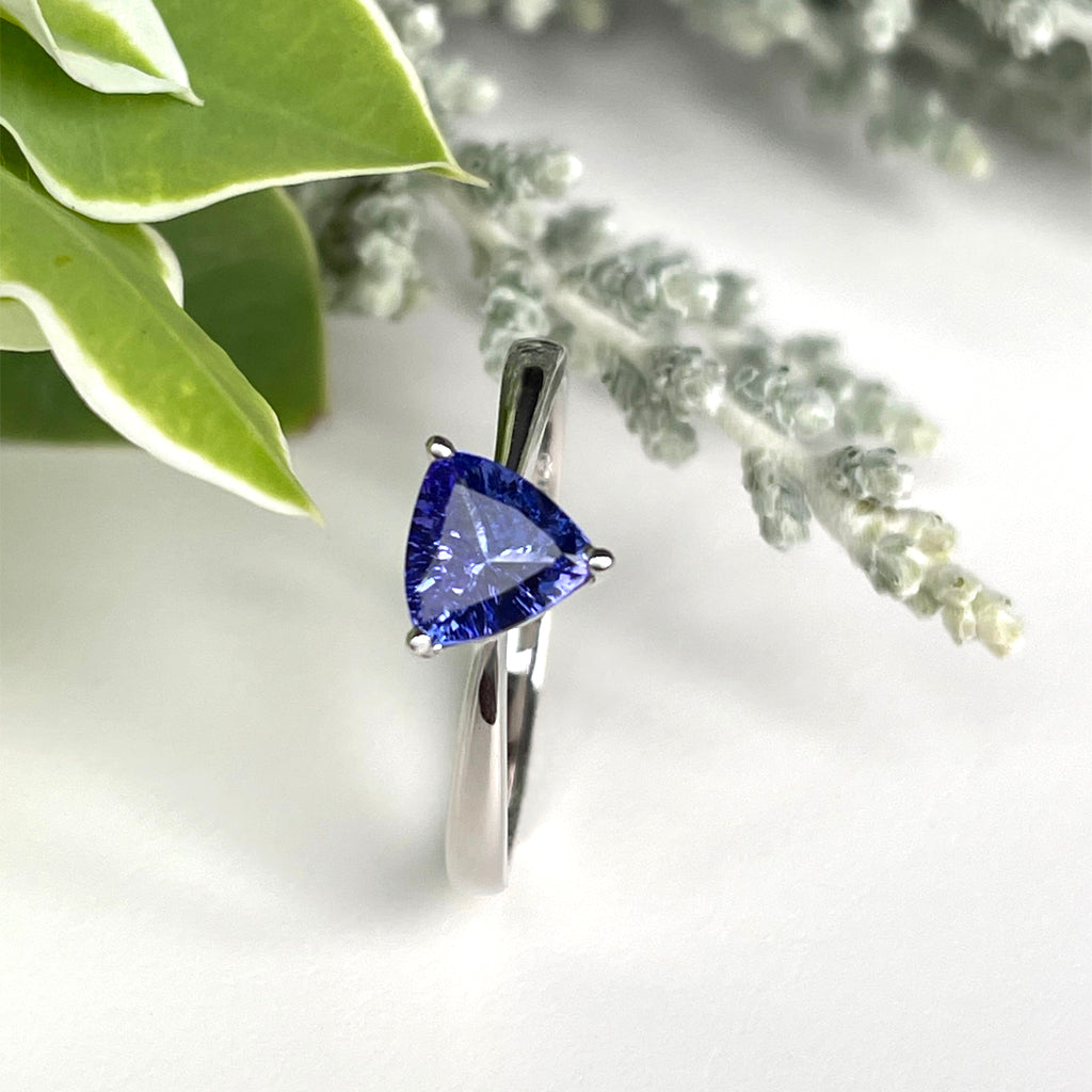 Silver Solitaire Trilliant Cut Tanzanite Ring