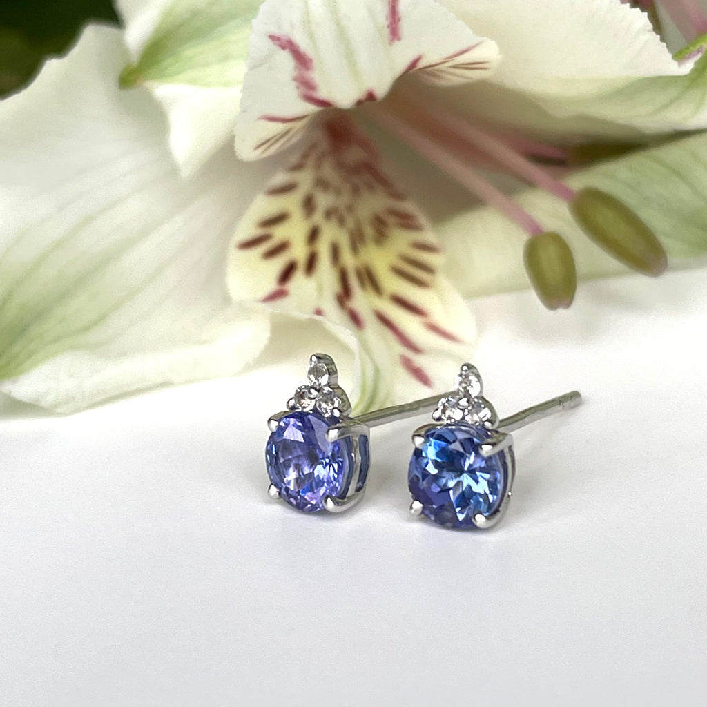 Silver Petite Round Cut Tanzanite with Trilogy Diamond Highlight Earrings