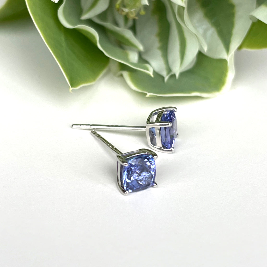 Silver Solitaire Cushion Cut Tanzanite Earrings